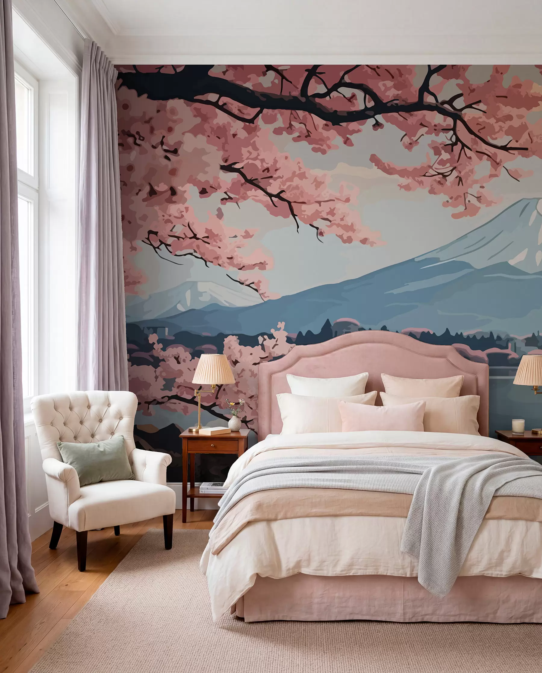 fototapeter Sakura, bjerge, akvarel w01664