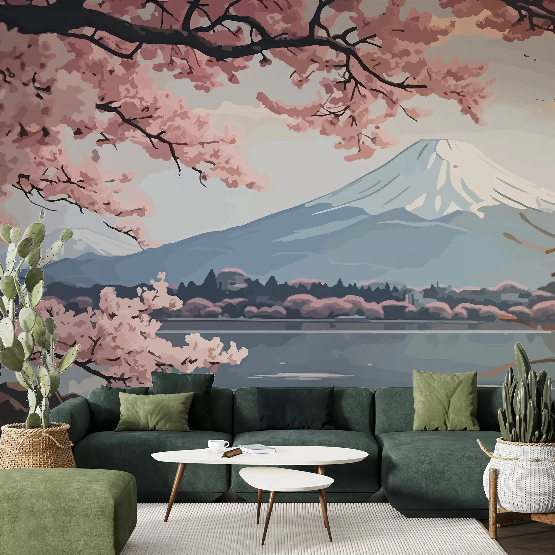 Murale Sakura, montagnes, aquarelle w01664
