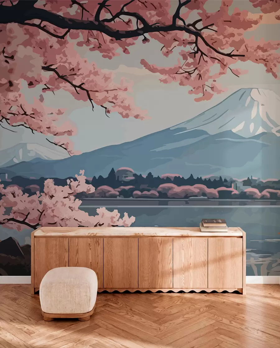 fototapeter Sakura, bjerge, akvarel w01664