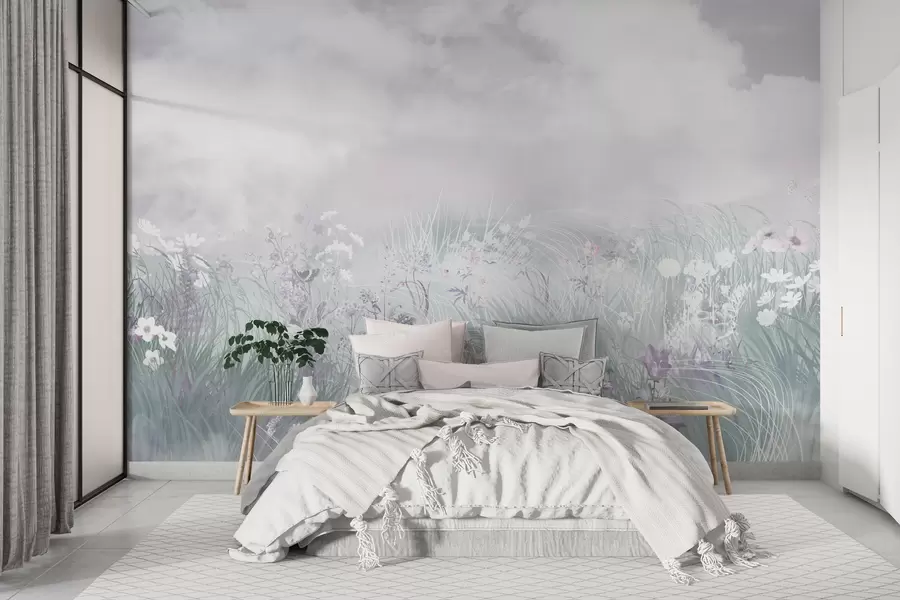 fototapeter Vilde blomster og græs med lyserød himmel og skyer w01624v1