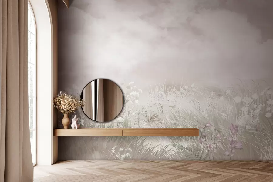 Fototapete Wildblumen und Gräser mit blassrosa Himmel und Wolken w01624v4