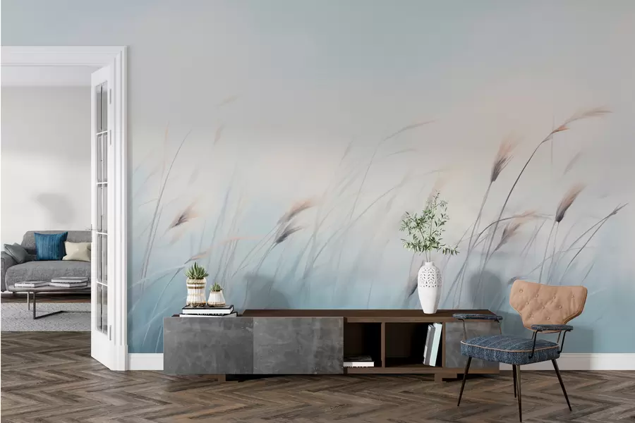 Fototapete Zarte Feldgräser auf blauem Hintergrund w01643