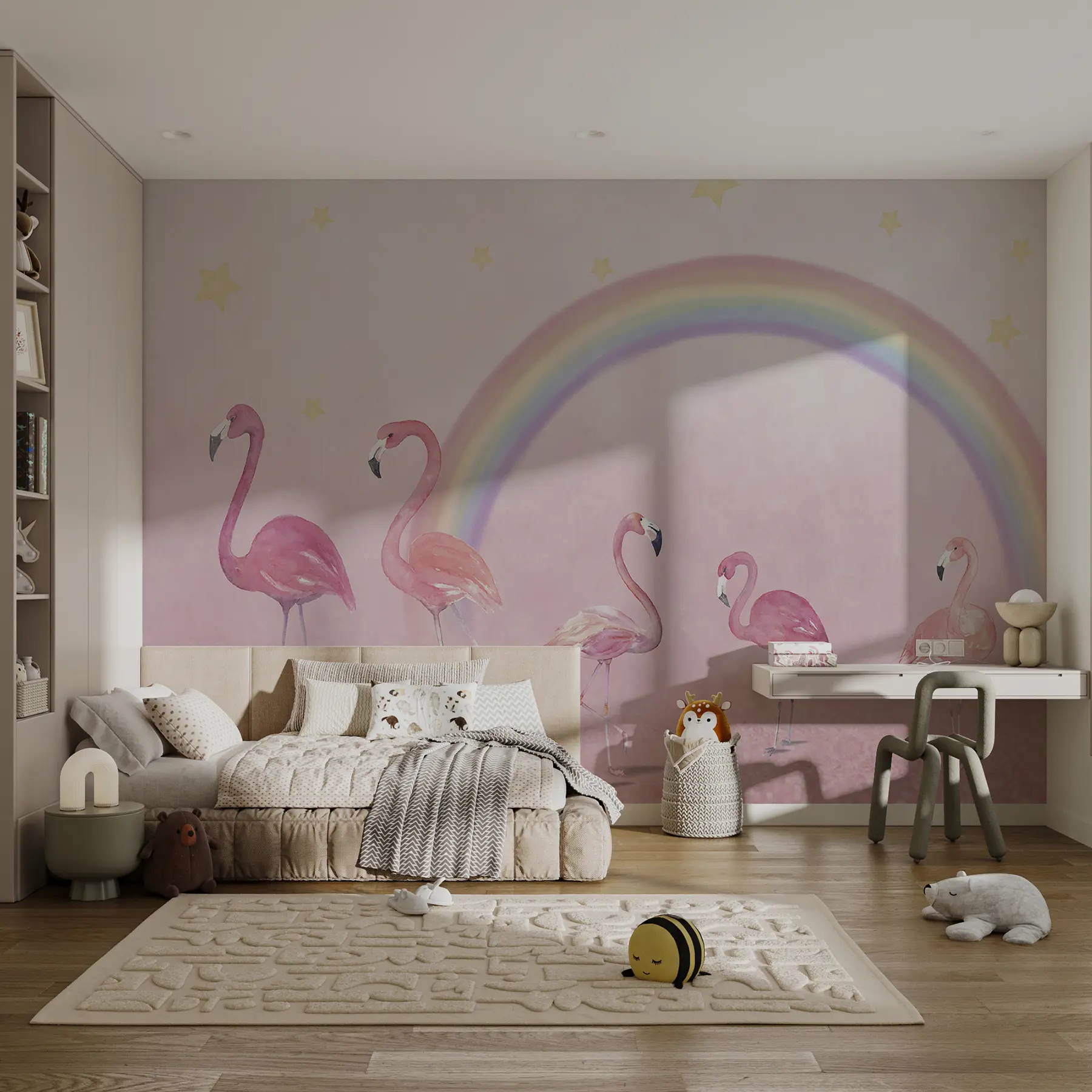 fototapeter Fugl, regnbue e stor flamingo u29070