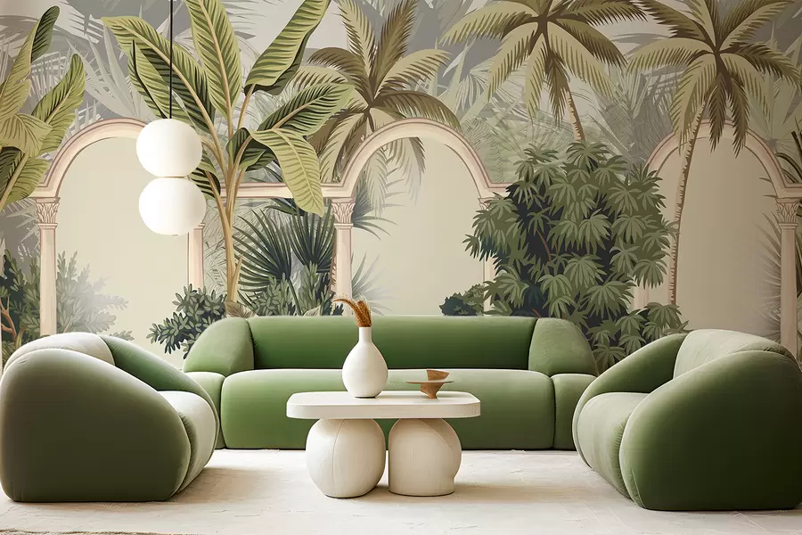 Fototapete Gewölbe mit tropischer Landschaft, üppigen Palmen und anderem Laub vor hellem Hintergrund w08306