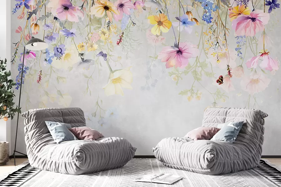 Fototapete Bunte Blumen mit rosa, gelben und blauen Blumen, die von der Spitze auf strukturiertem grauem Hintergrund hängen w08309