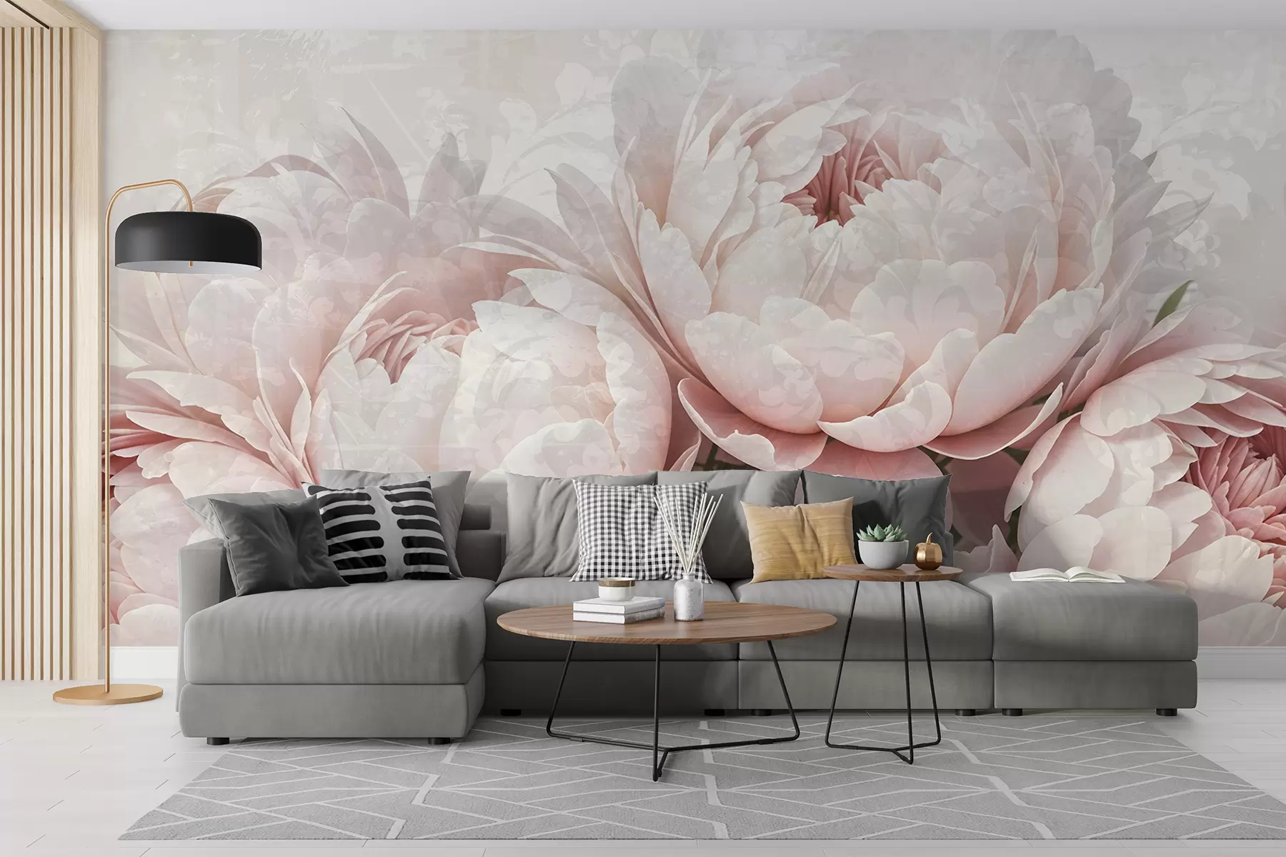 Murale Pivoines roses douces aux pétales délicats sur un fond vintage légèrement texturé w08312