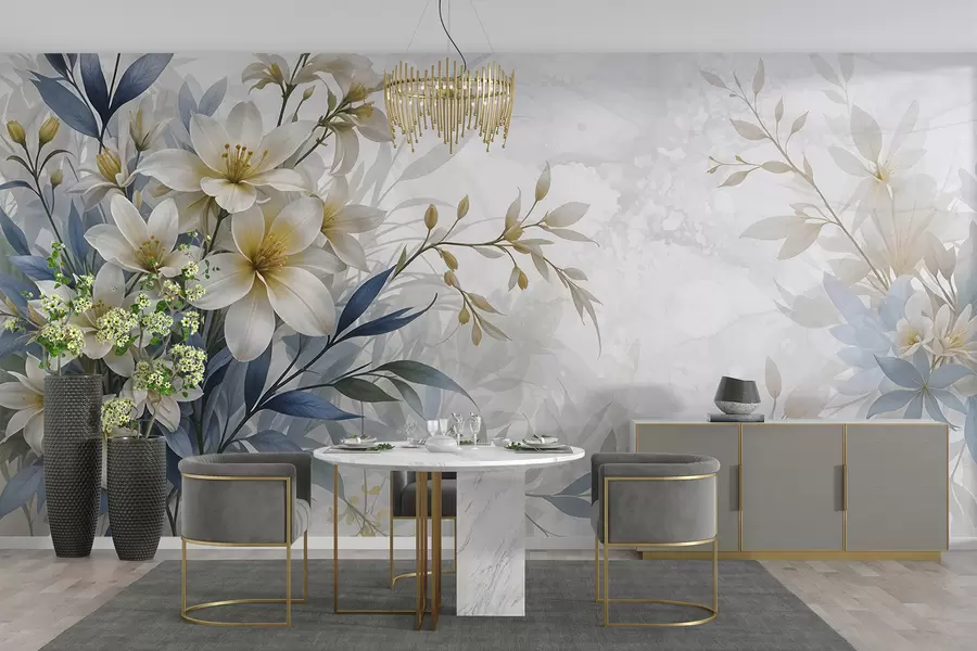 Fototapete Weißer, beiger und blauer Blumenstrauß mit zarten Blättern auf einem weichen, unscharfen Hintergrund w08314