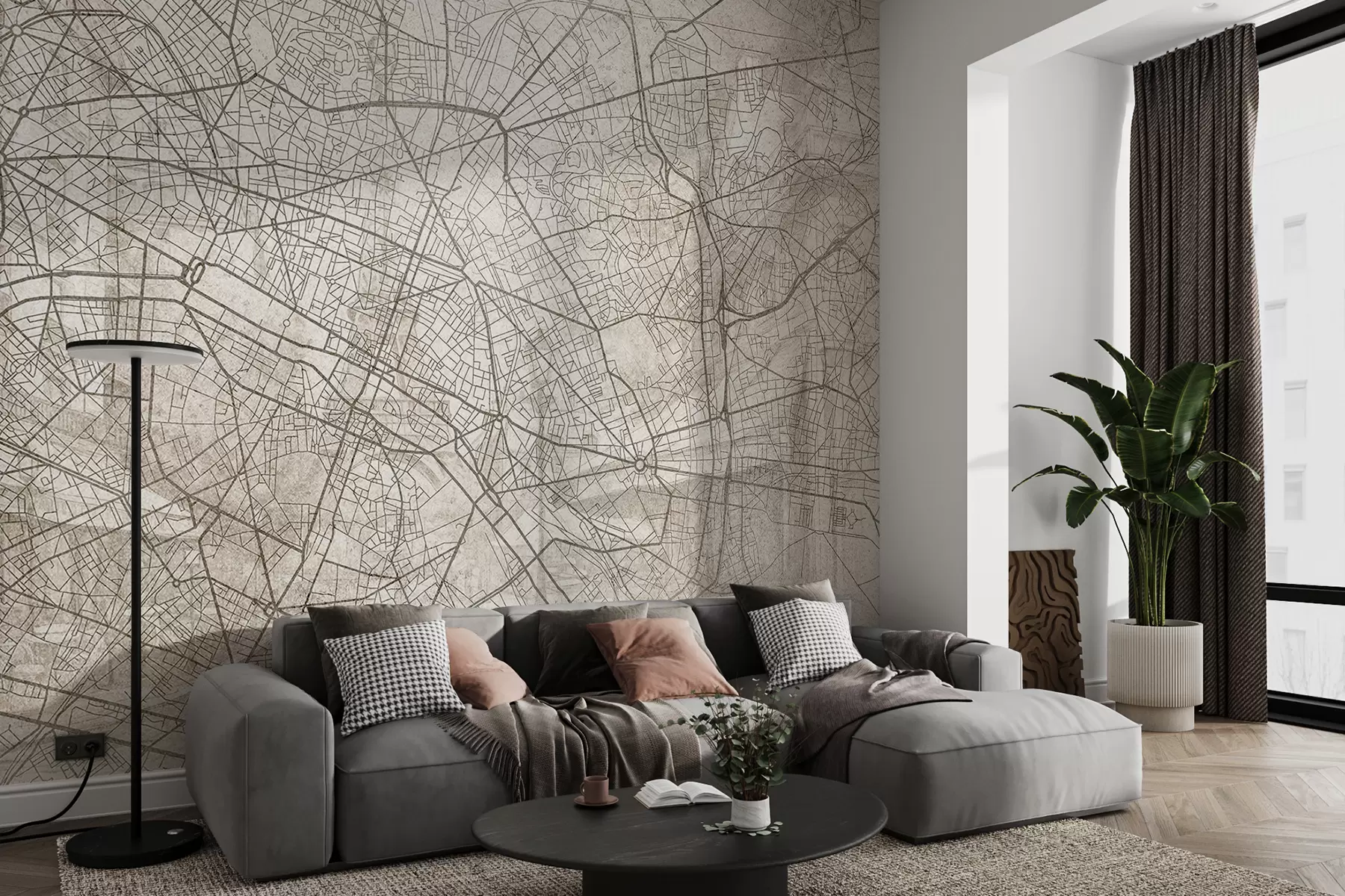 fototapeter Paris bykort, stregtegning, arkitektur, Frankrig, beige farver w01697