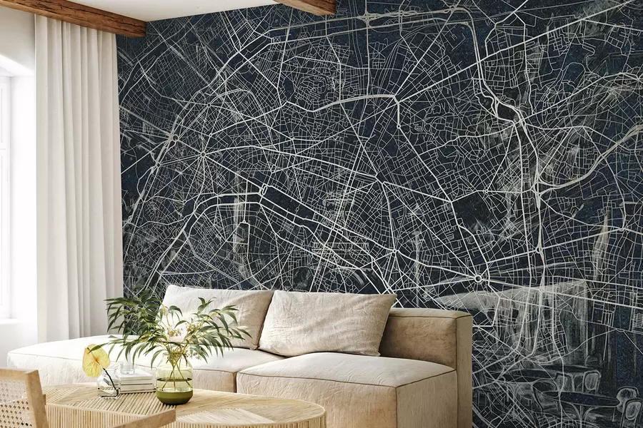 Murale Plan de Paris, dessin au trait, architecture, France, couleurs foncées w01697v1