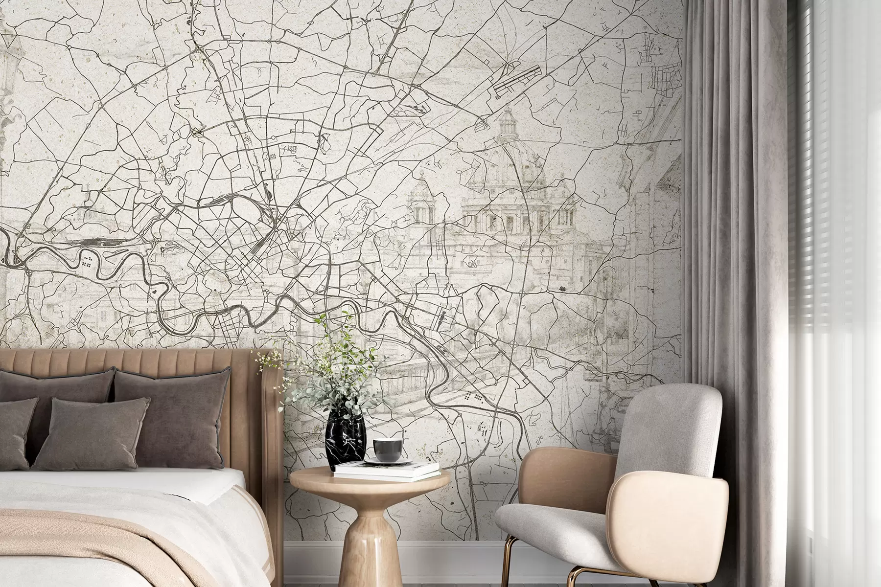 Fototapete Rom Stadtplan, Strichzeichnung, Architektur, Italien, beige Farben w01698