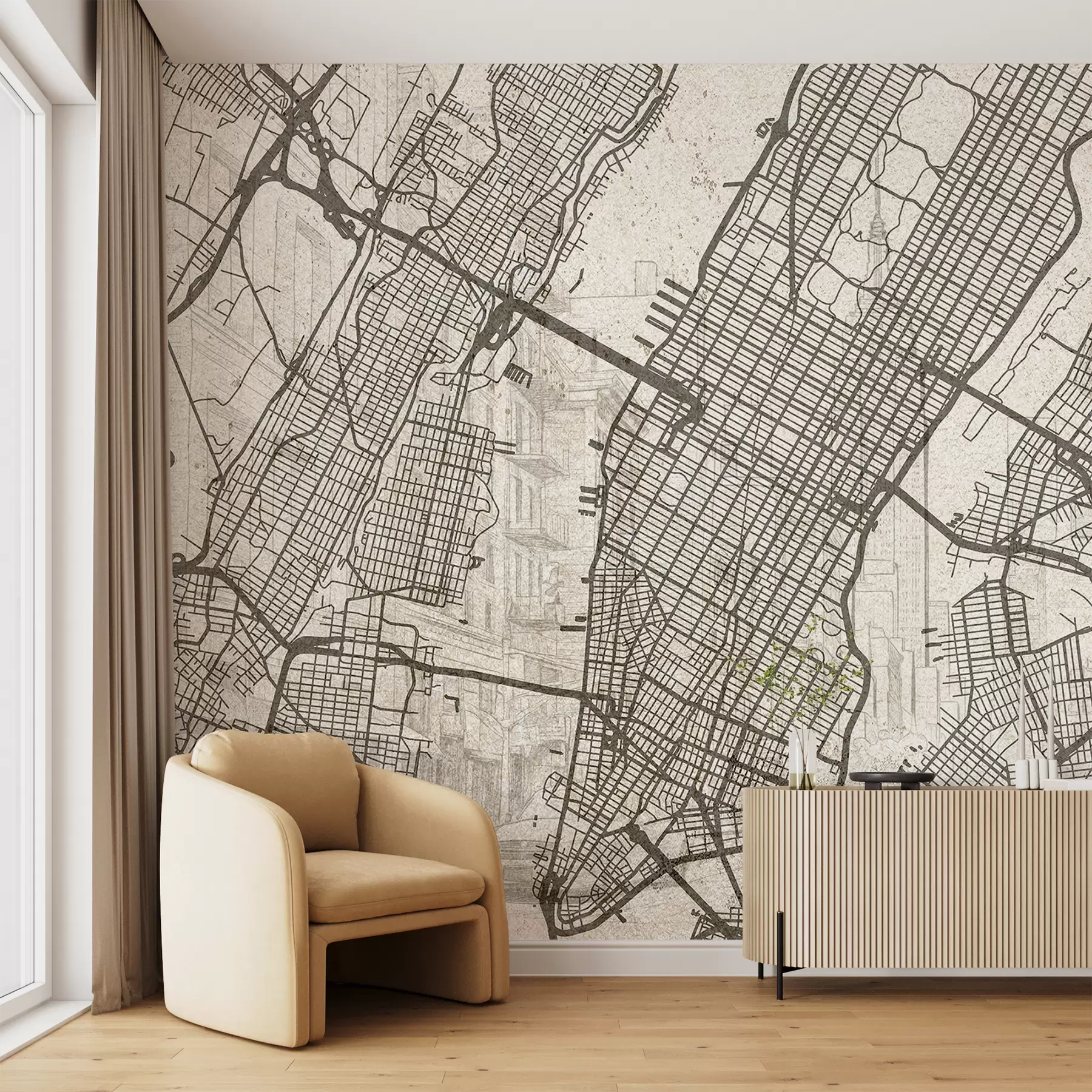 fototapeter New York bykort, stregtegning, arkitektur, beige farver w01699