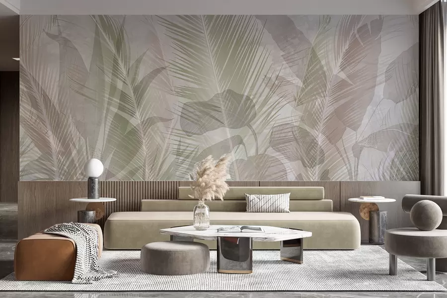 Fototapete Tropische Palmenblätter in sanften Pastellfarben, mit einem unscharfen und dunstigen strukturierten Hintergrund w08326