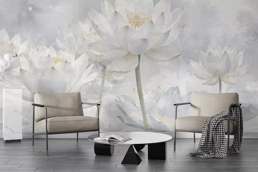 fototapeter Hvide lotusblomster i en tåget, æterisk abstrakt pastel-landskabsbaggrund w08328