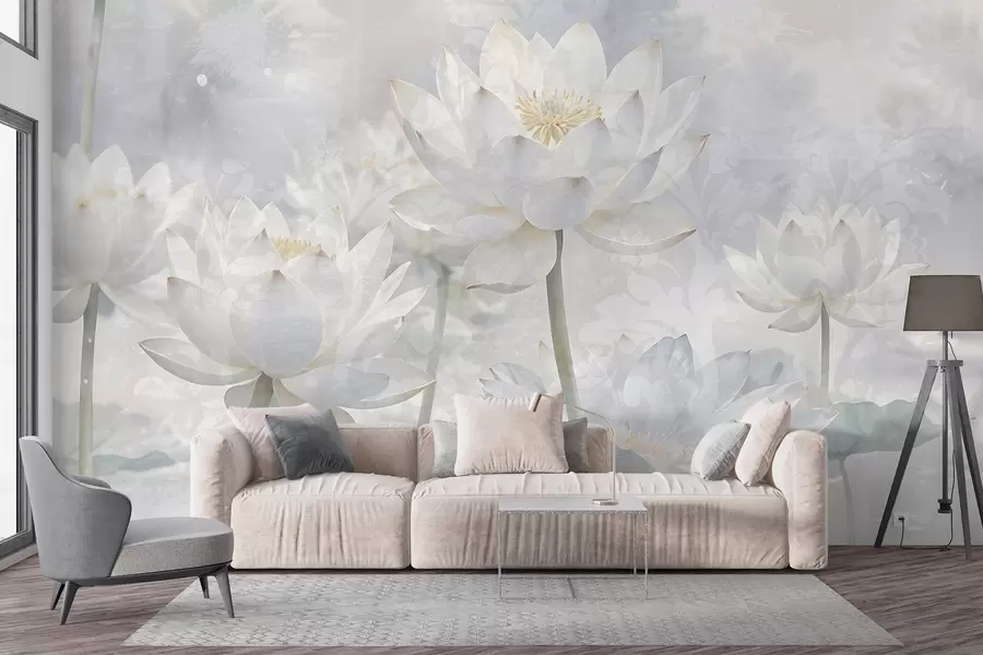 Fototapete Weiße Lotusblumen in einer nebligen, ätherischen abstrakten Pastell Landschaft Hintergrund w08328