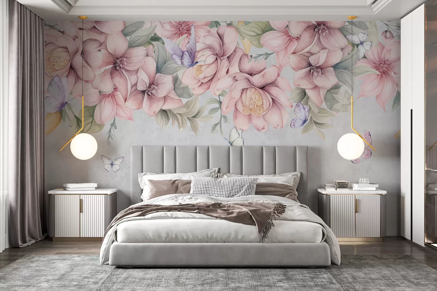 Fototapete Zarte rosa und weiße Blumen mit zarten Blüten und Blättern auf strukturiertem grauem Hintergrund w08331