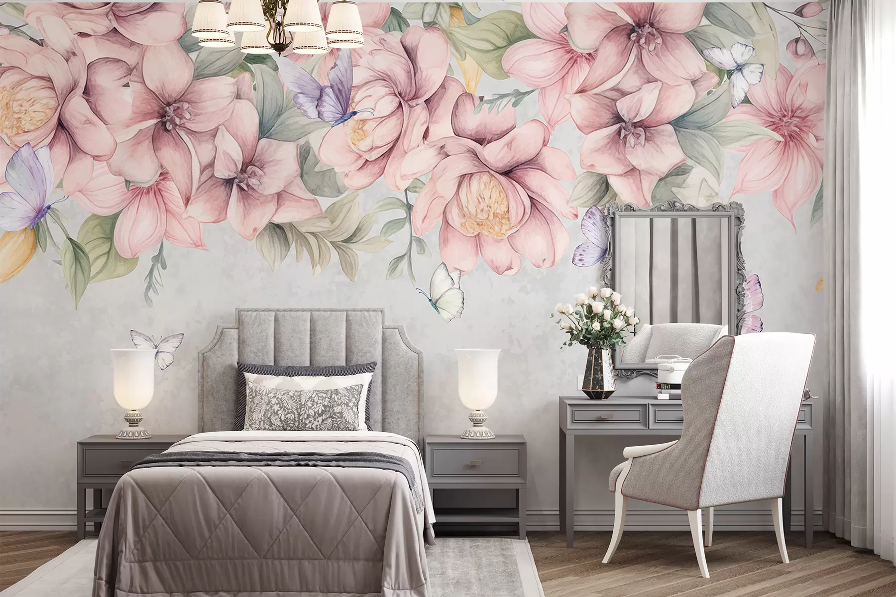 Murale Fleurs roses et blanches douces avec des fleurs et des feuilles délicates sur fond gris texturé w08331
