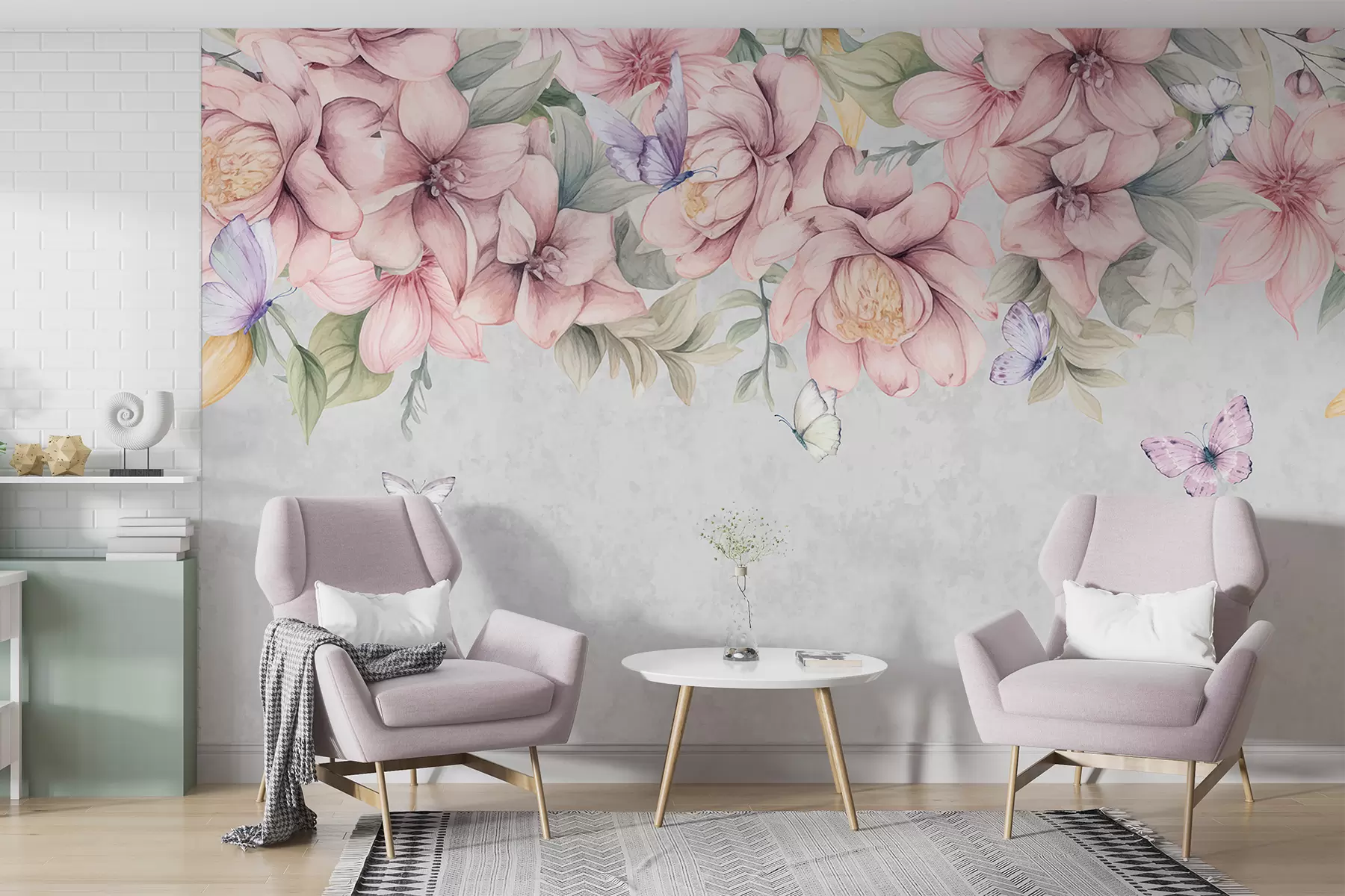 Fototapete Zarte rosa und weiße Blumen mit zarten Blüten und Blättern auf strukturiertem grauem Hintergrund w08331