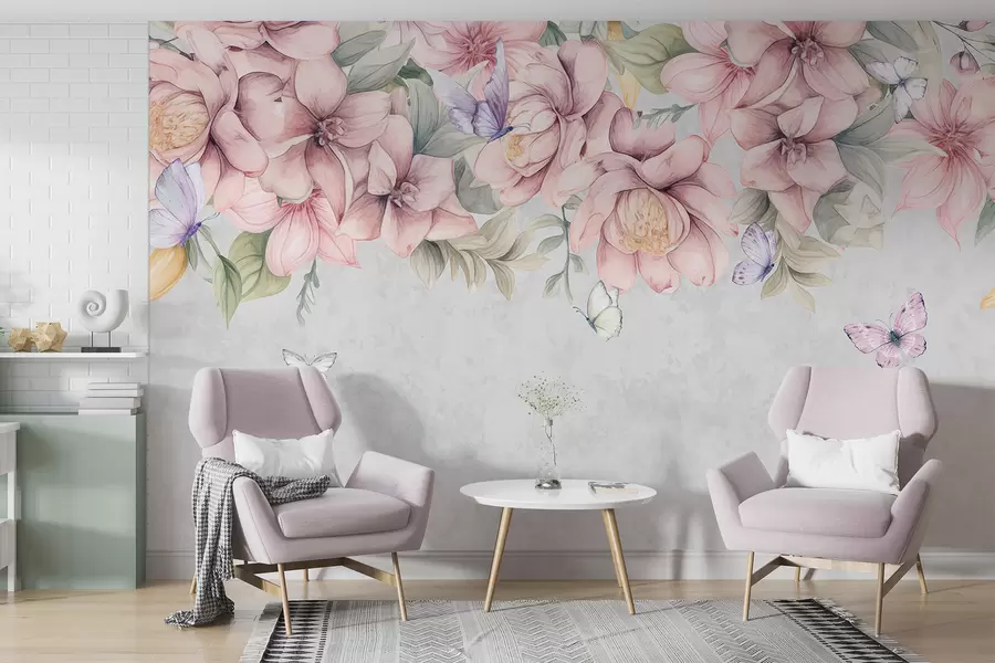fototapeter Bløde rosa og hvide blomster med sarte blomster og blade på struktureret grå baggrund w08331