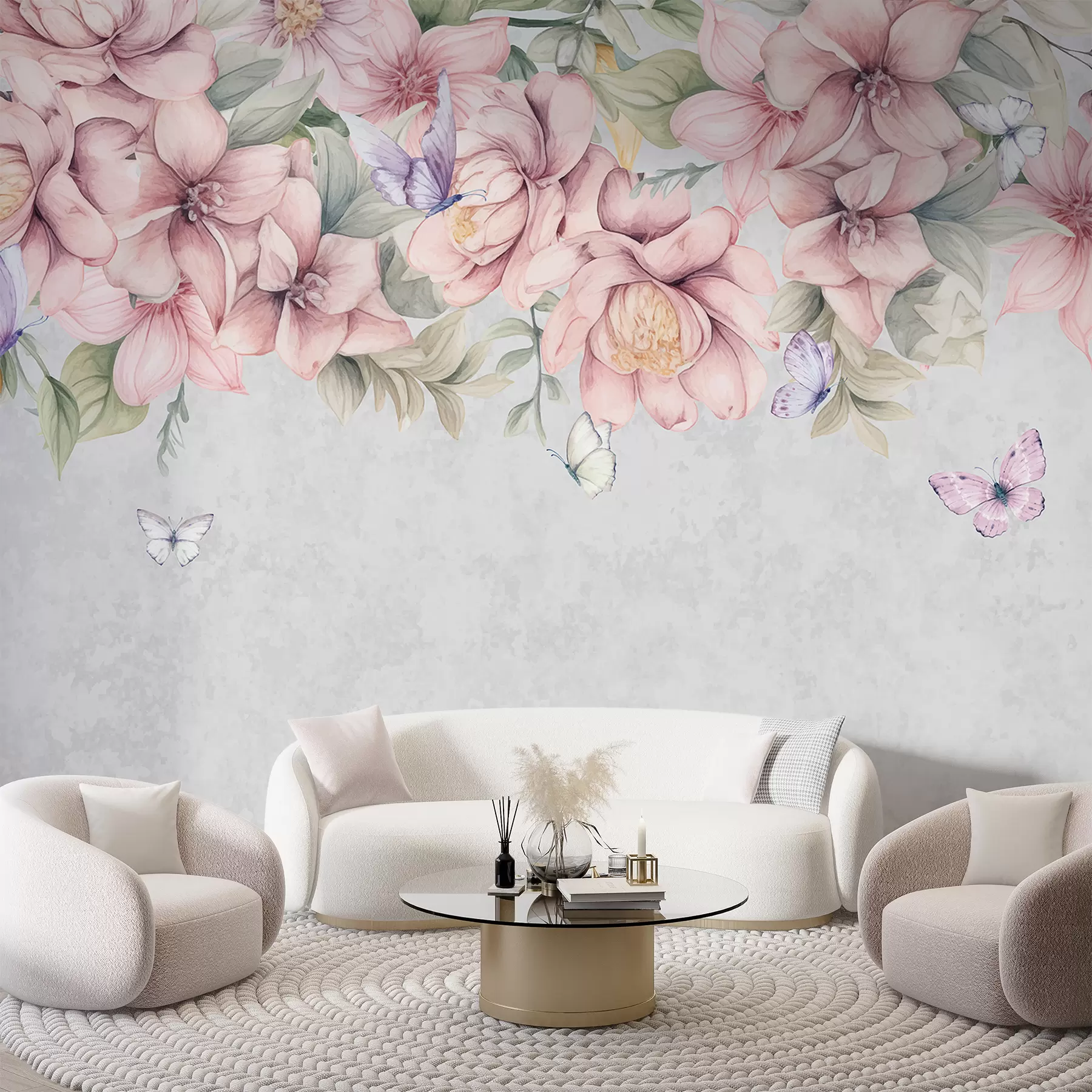 Murale Fleurs roses et blanches douces avec des fleurs et des feuilles délicates sur fond gris texturé w08331
