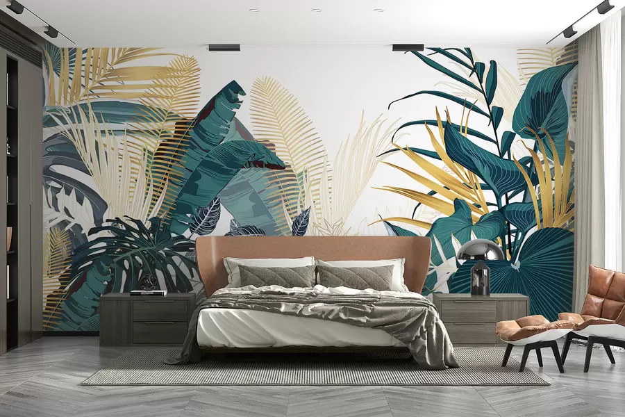 Murale Un feuillage tropical luxuriant, comprenant des feuilles de palmier, des fougères et d'autres plantes exotiques aux couleurs vert foncé et orange w08338