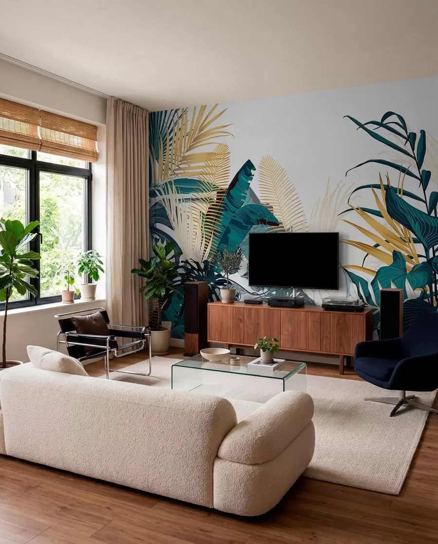 Murale Un feuillage tropical luxuriant, comprenant des feuilles de palmier, des fougères et d'autres plantes exotiques aux couleurs vert foncé et orange w08338