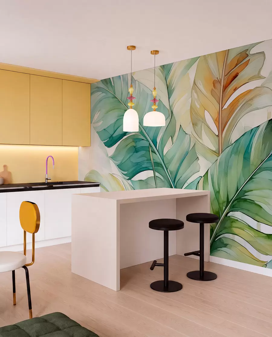 fototapeter Tropiske bananpalme blade våd akvarel w01775