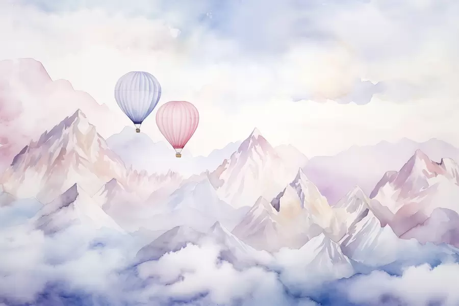 Murale Montagnes en aquarelle avec des ballons aériens, éthéré w01786