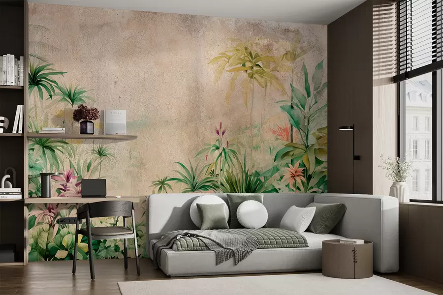 Fototapete Dschungel Wald, Aquarell, Palmen, Blumen, beige Hintergrund w01788
