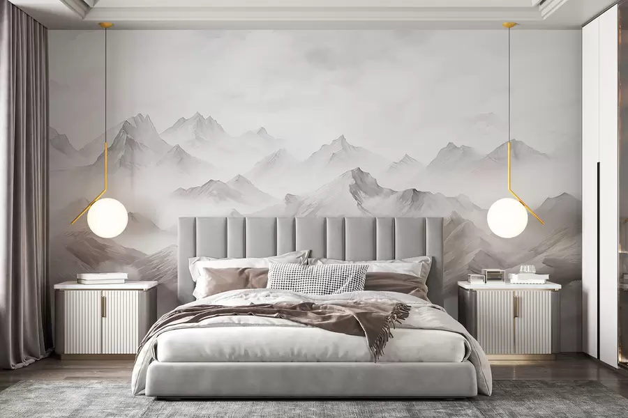 Murale Montagnes avec nuages, aquarelle, couleurs grises douces w01790v1