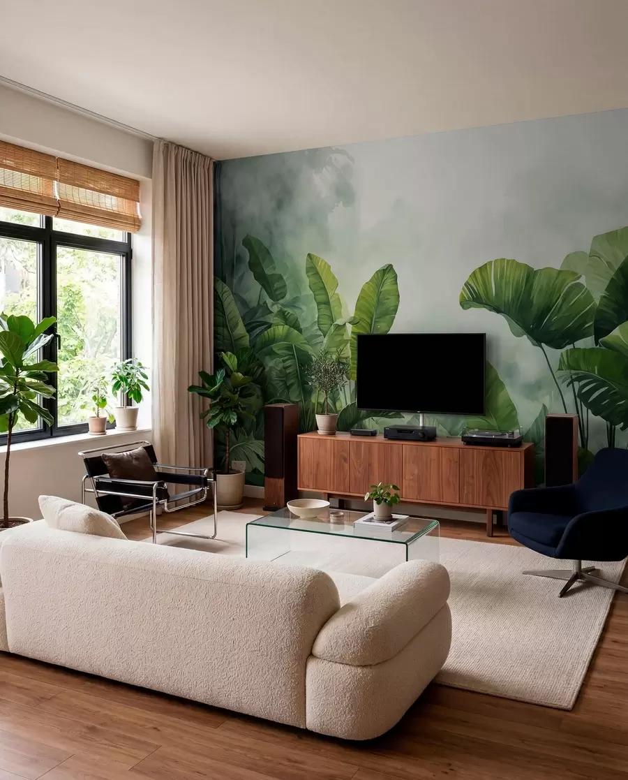 Murale Feuilles tropicales dans la jungle sur fond de brouillard aquarelle humide w01868