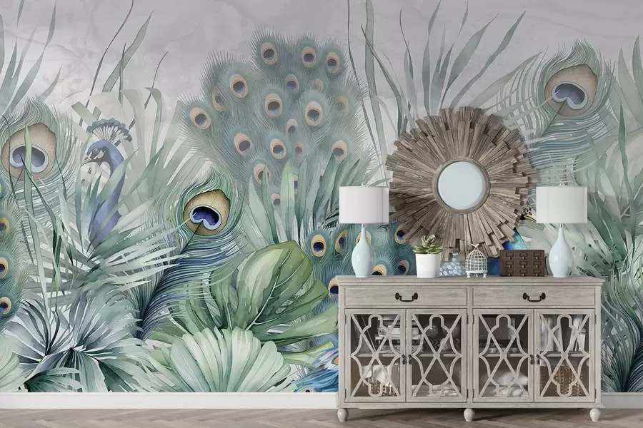 Fototapete Ein Paar bunte Pfauen umgeben von üppigen Aquarell grünes Laub und lebendige Blumen auf grauem Hintergrund w08345