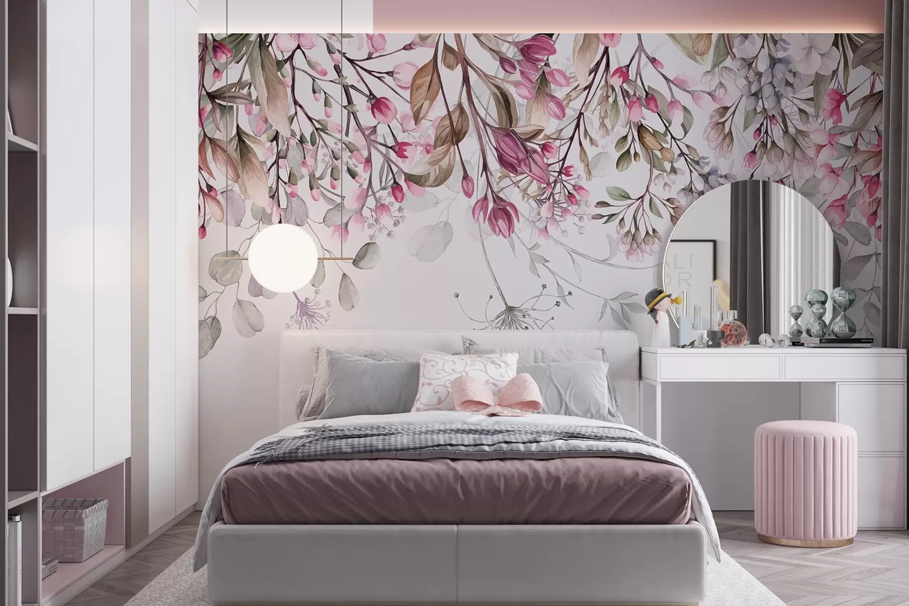 Fototapete Zarte rosa und weiße Blütenzweige mit Blättern und Blütenblättern, auf pastellgrauem Hintergrund w08347