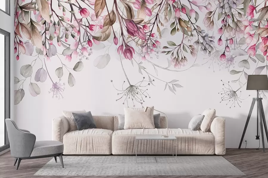 Murale Délicates branches florales roses et blanches avec feuilles et pétales, sur fond gris pastel w08347