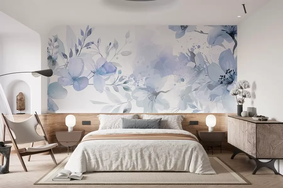 Murale Un bouquet de délicates fleurs bleues et blanches aux pétales doux et flous sur un fond d'aquarelle léger et aéré w08348v1