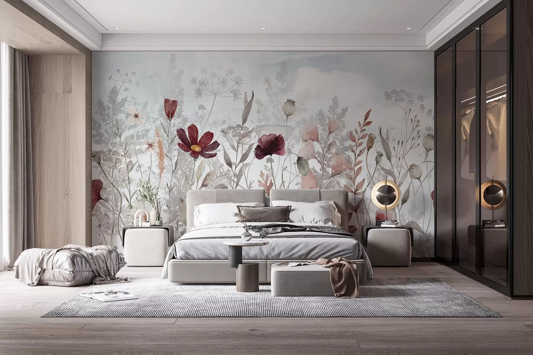 Fototapete Ein Feld von bunten Wildblumen mit roten, rosa und weißen Blüten mit wispy Blätter vor einem weichen Hintergrund w08349