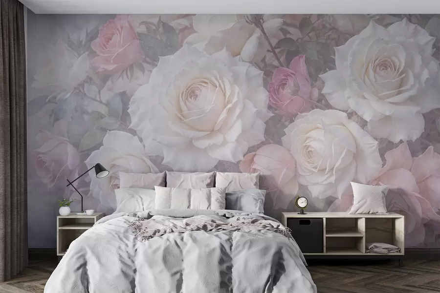 Fototapete Zarte, pastellfarbene Rosen und Pfingstrosen vor einem verschwommenen, neblig-grauen, strukturierten Hintergrund w08352