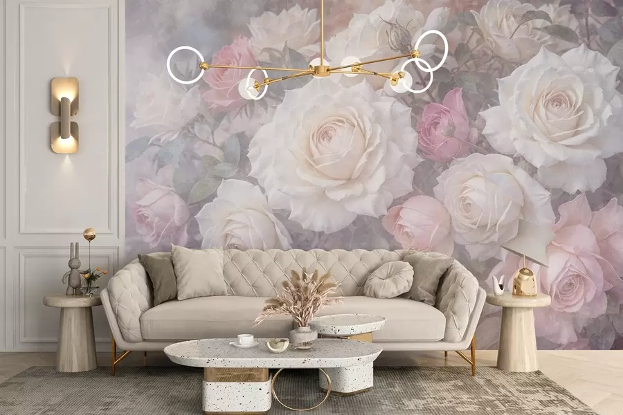 Fototapete Zarte, pastellfarbene Rosen und Pfingstrosen vor einem verschwommenen, neblig-grauen, strukturierten Hintergrund w08352