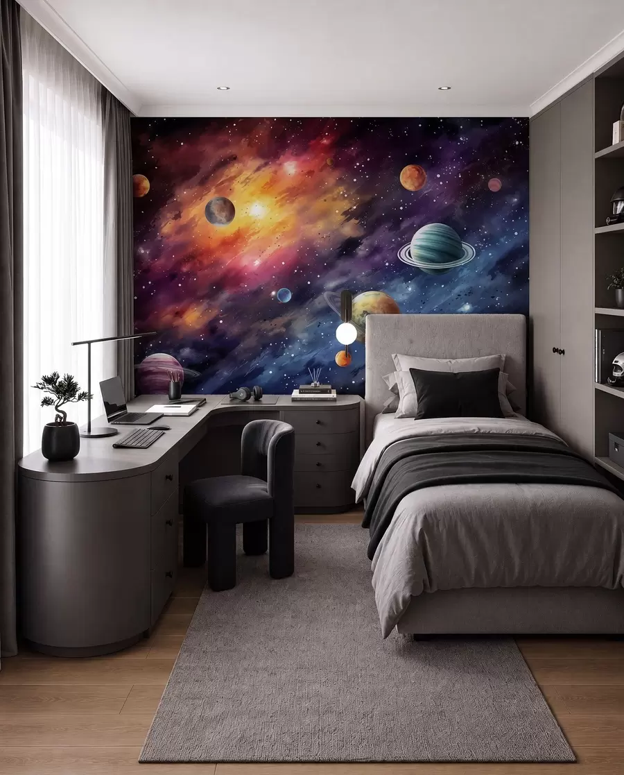 fototapeter Rummet med planeter og stjerner, akvarel, kosmisk w01798