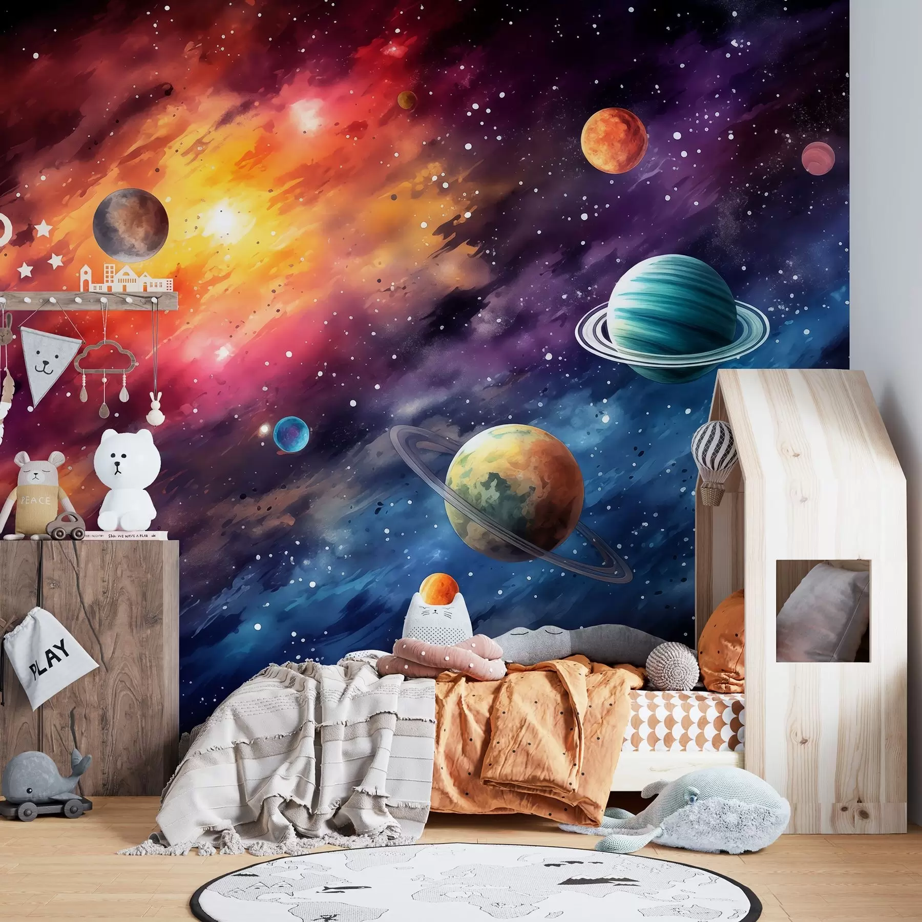 Murale Espace avec planètes et étoiles, aquarelle, cosmique w01798