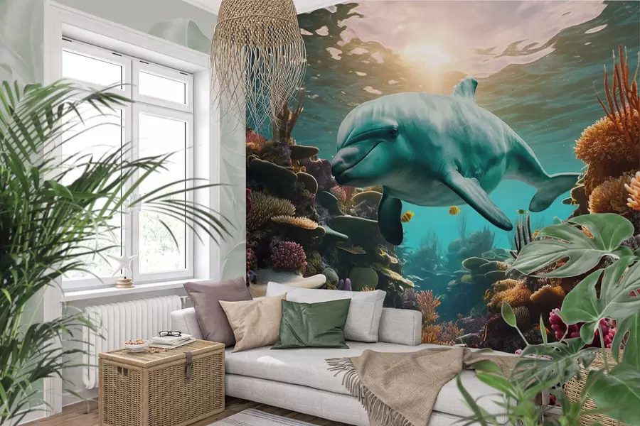 Fototapete Großer Delfin in der Unterwasserwelt in Korallenriffen w01873