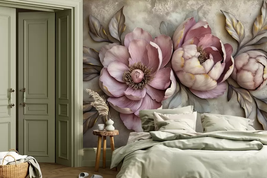 Fototapete Floral lila Pfingstrosen mit Blättern und Blütenblätter in gedämpften Pastellfarben, Vintage-Stil w01825