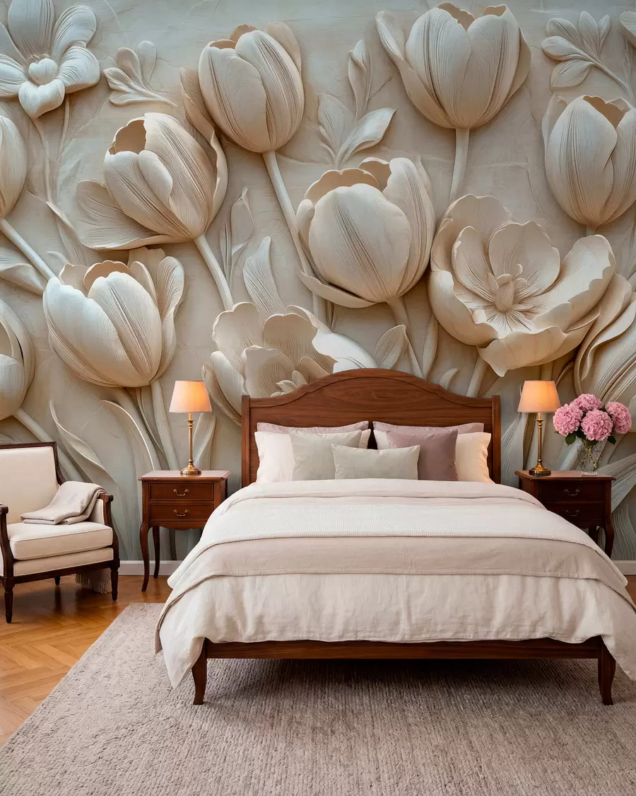 Murale art floral en 3D avec de gracieuses tulipes de couleur beige w01851