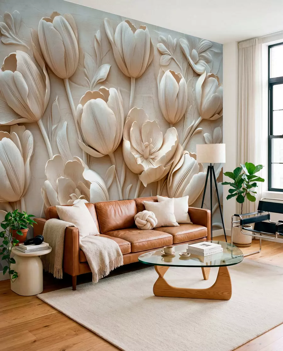 fototapeter 3D-blomsterkunst med yndefulde tulipaner i beige farve w01851