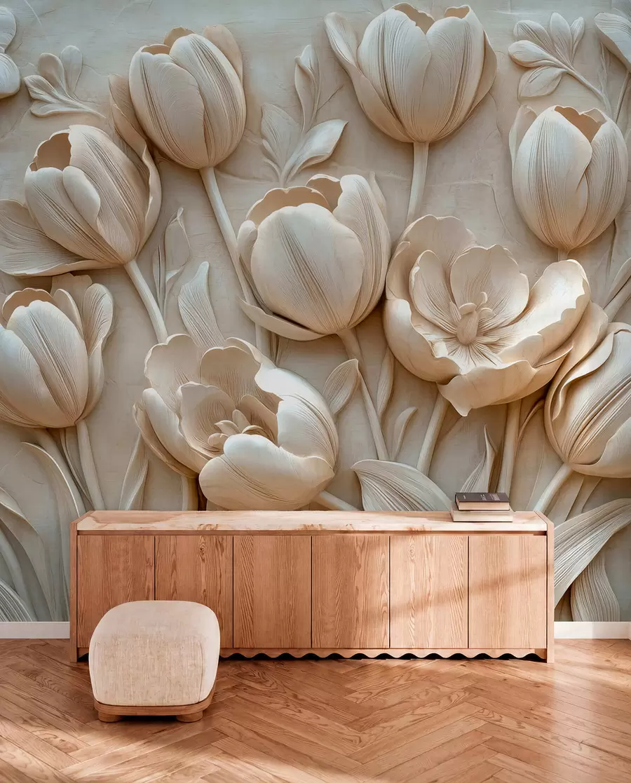 fototapeter 3D-blomsterkunst med yndefulde tulipaner i beige farve w01851