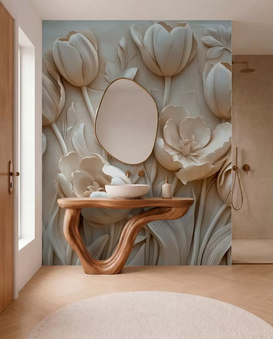 fototapeter 3D-blomsterkunst med yndefulde tulipaner i beige farve w01851