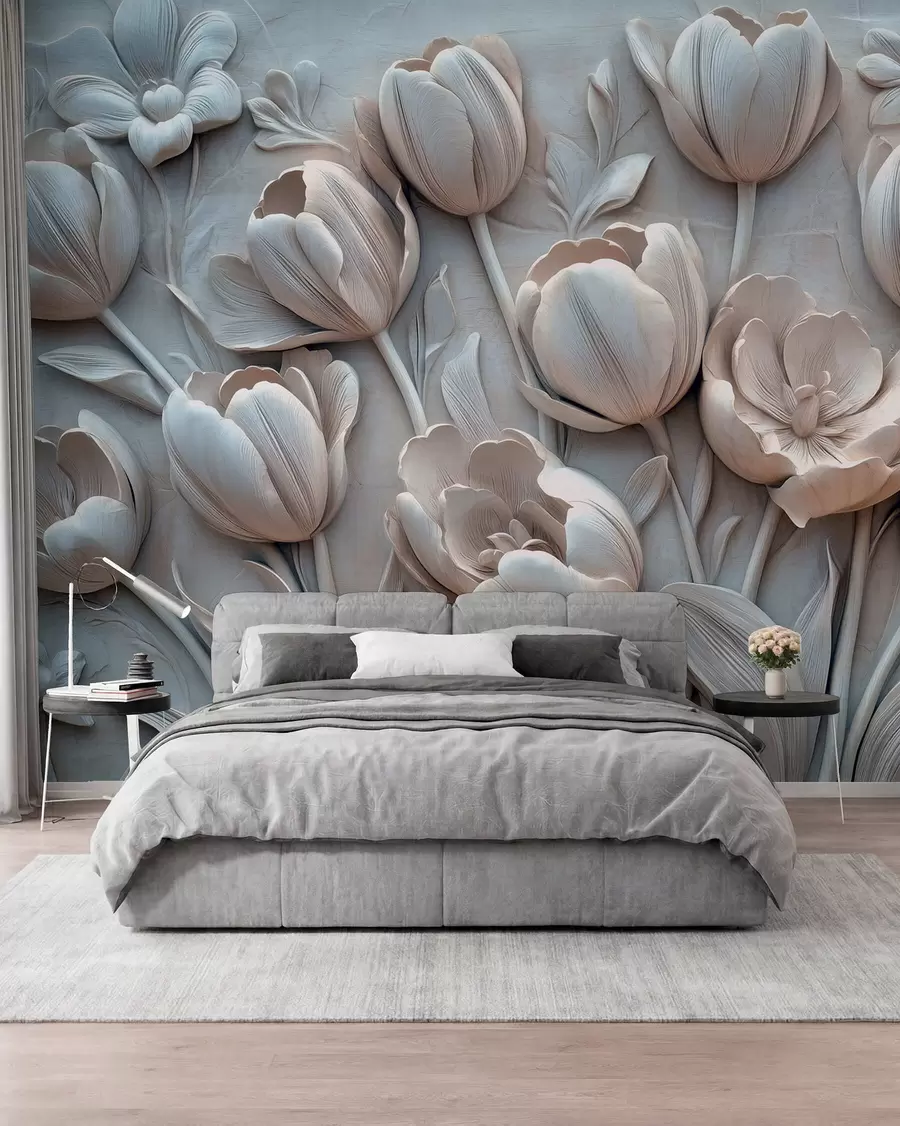 fototapeter 3D-blomsterkunst med yndefulde tulipaner i grå farve w01851v1