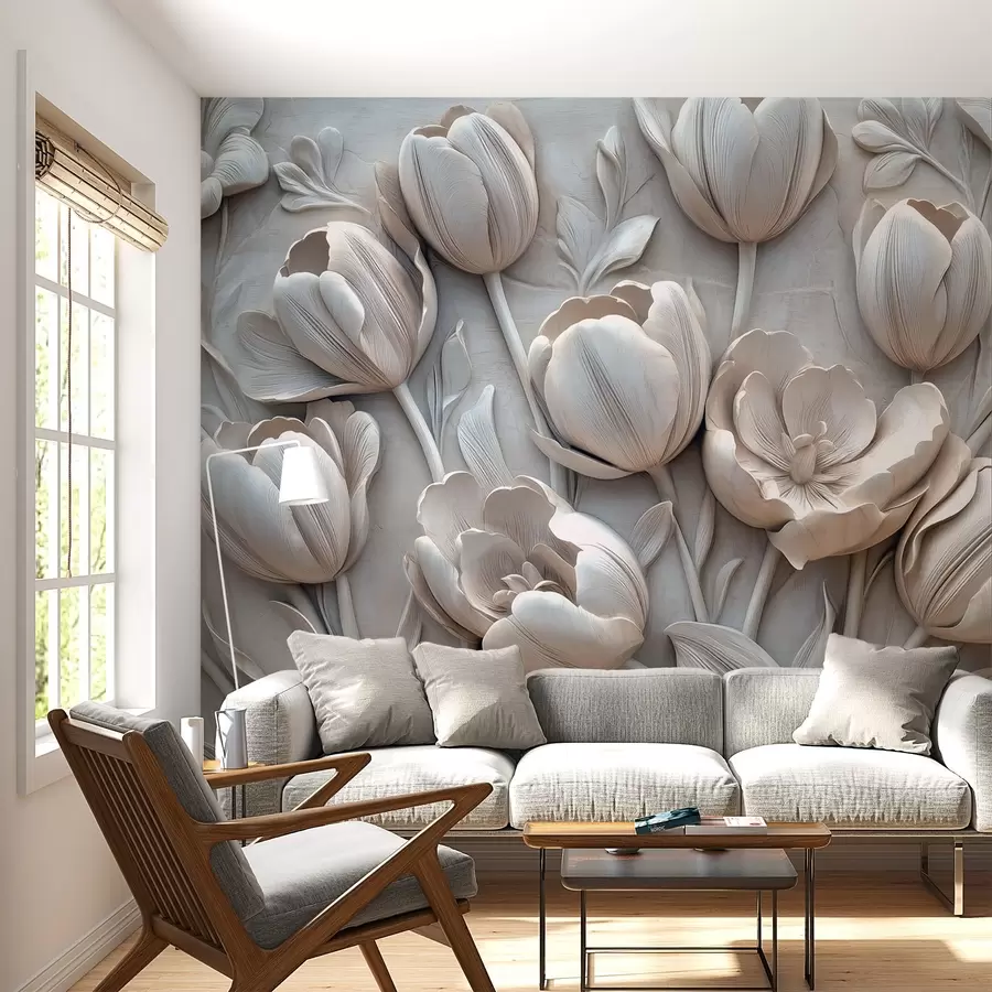 fototapeter 3D-blomsterkunst med yndefulde tulipaner i grå farve w01851v1