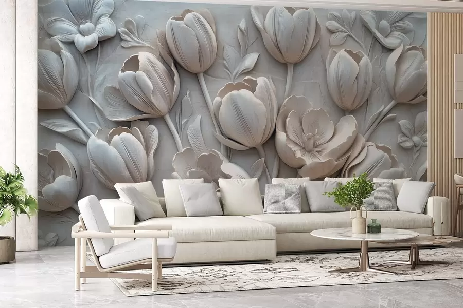 fototapeter 3D-blomsterkunst med yndefulde tulipaner i grå farve w01851v1