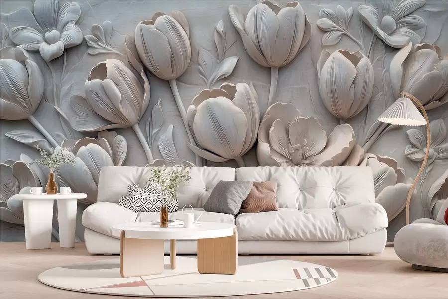 Fototapete 3D-Blumenkunst mit anmutigen Tulpen in grauer Farbe w01851v1