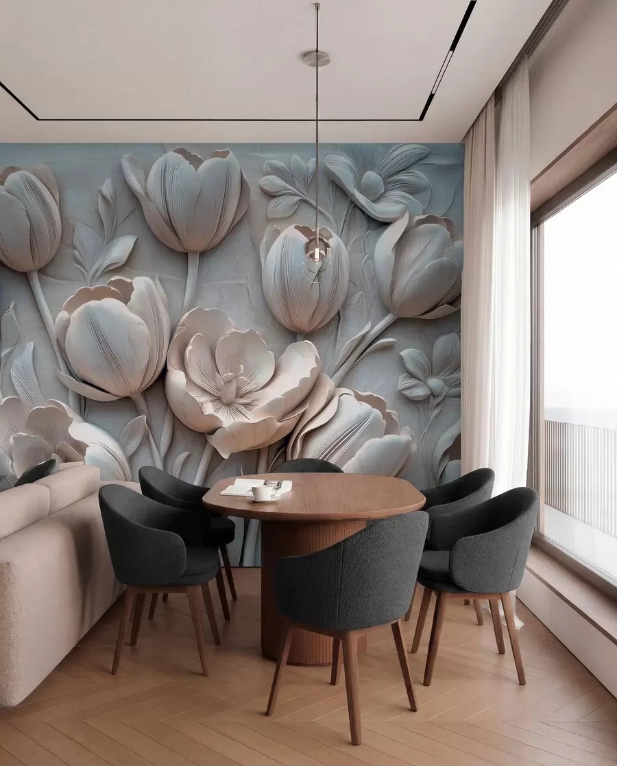 fototapeter 3D-blomsterkunst med yndefulde tulipaner i grå farve w01851v1